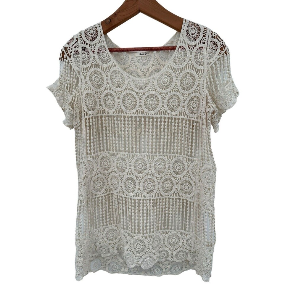 Phase One Medium Crochet Top Short Sleeve Hippie Western BOHO Festival Ivory